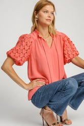 Umgee Full Size Heart Lace Sleeve Ruffle Collar Top Plus Size Burnt Coral OutfitFlow